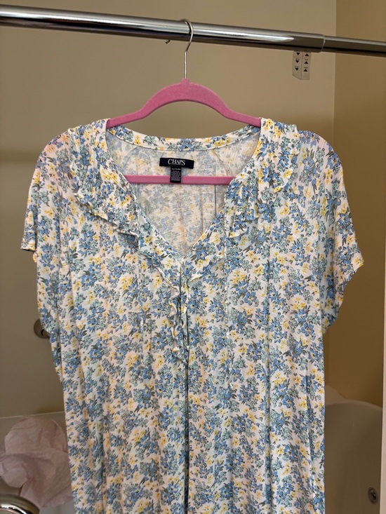 Chaps Tops - Chaps Blue and Yellow Floral Ruffle V-Neck Blouse